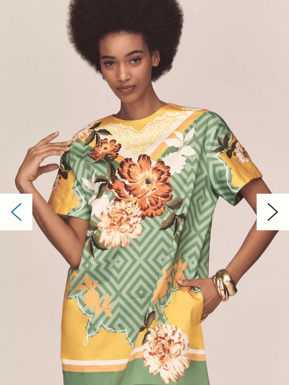 Anthropologie Floral & Geometric Short-Sleeve Tunic in Green and Yellow